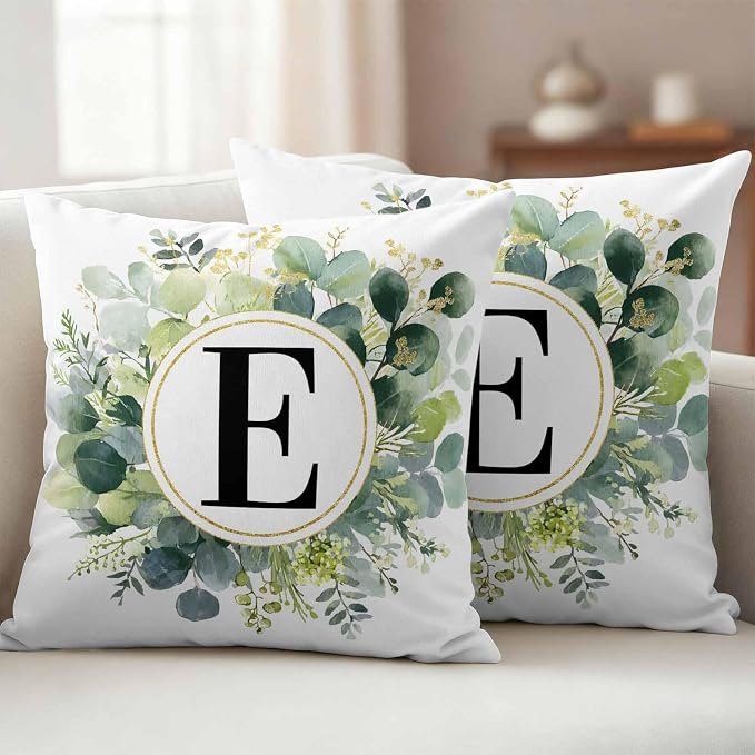 Letter E Waterproof Outdoor Pillow Covers Set of 2 Home Decor, Alphabet Green Eucalyptus Leaves Lumbar Pillowcase Patio Pillow Covers for Couch Bench Patio Furniture Garden 20x20in