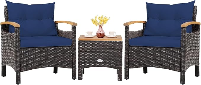 Tangkula 3-Piece Patio Furniture Set, Patiojoy Outdoor Rattan Sofa Set with Coffee Table, Patio Conversation Set with Removable Cushion, Cozy Acacia Wood Armrests for Backyard, Poolside (Navy)