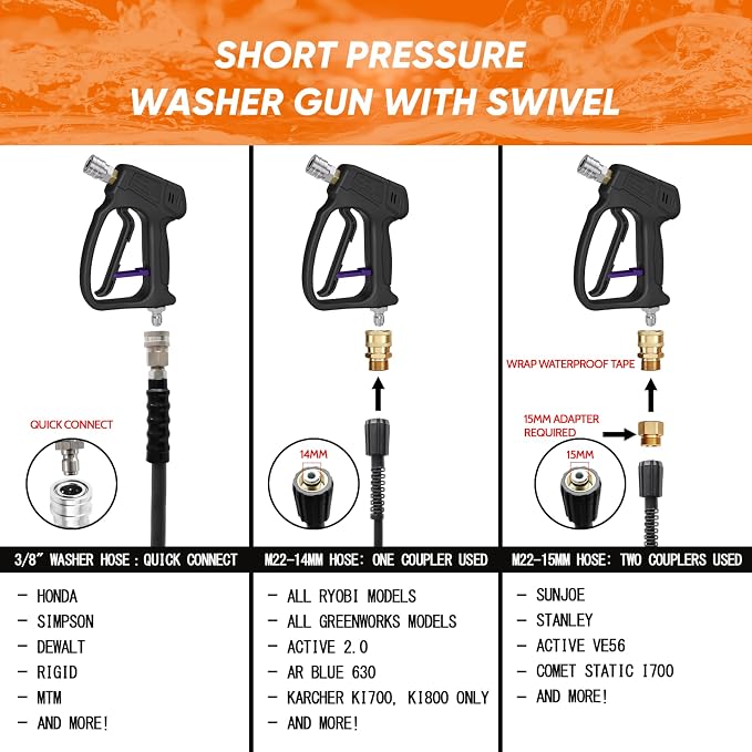 KONOSUBA Short Pressure Washer Gun 4500PSI with 360° Swivel,2 Adapter,5 Pressure Washer Nozzles,1/4" Quick Connector,3/8'' Quick Connect, M22-14/15 mm Fitting (Gun 4500PSI)