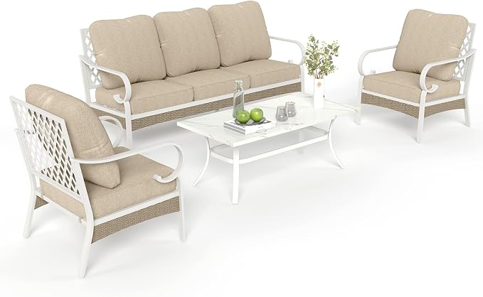 MIXPATIO 4 Piece Patio Furniture Set, 2 x Fixed Chair, 1 x 3-Seat Sofa with Marbling Coffee Table, All Cushioned 5 Seats Outdoor Conversation Set for Lawn Garden Backyard, Beige