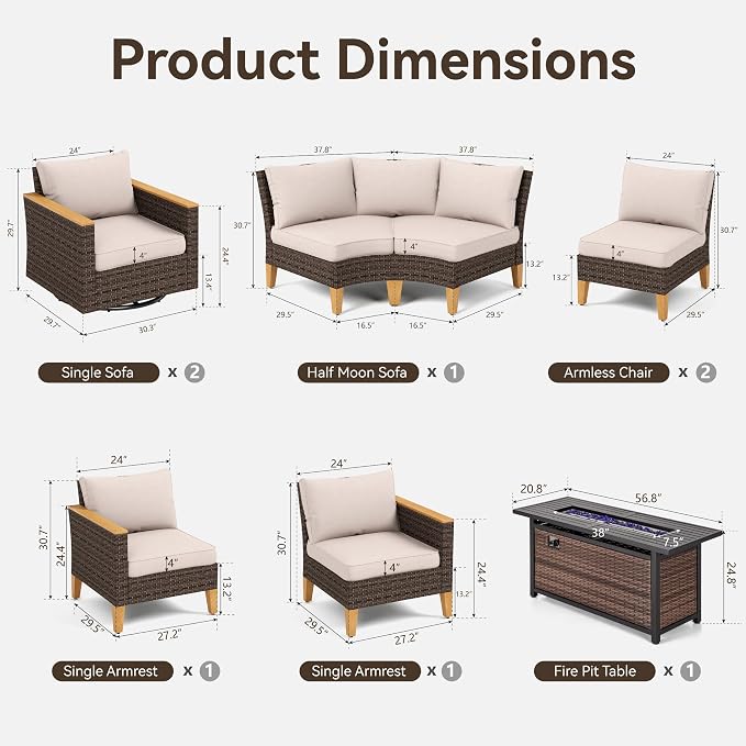 GREEN PARTY 8 Pieces Wicker Patio Furniture Set with 56" Fire Pit Table, All-Weather Outdoor Rattan Patio Half-Moon Curved Sectional Sofa Conversation Set for Garden, Backyard, 2 x Swivel Chairs