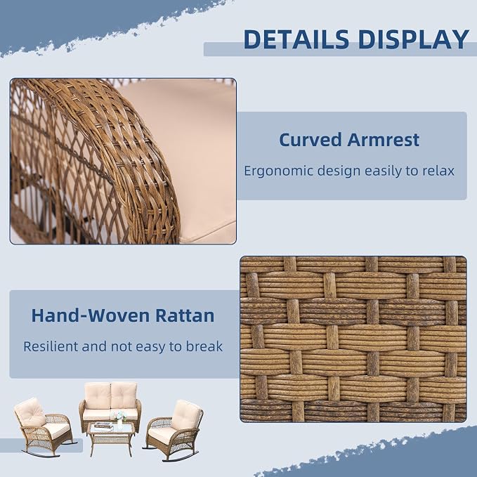 4-Piece Wicker Patio Furniture Sets Outdoor All-Weather Rattan Conversation Set Includes Glider Loveseat, Glass-Top Coffee Table, 2 Rocking Chairs with Thickened Cushions, Light Brown