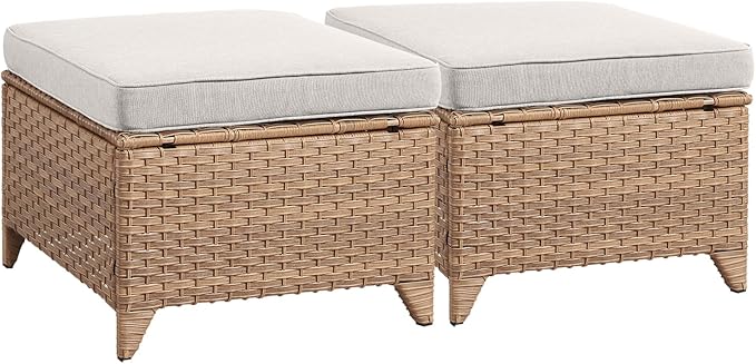 Rilyson Luxury Outdoor Wicker Patio Ottomans Set of 2, 250 lbs Capacity Rattan Large Ottomans for Patio Footrest Set 22.8in*22.8in*14in with 3.5in Thick Cushion (Yellow/Beige)