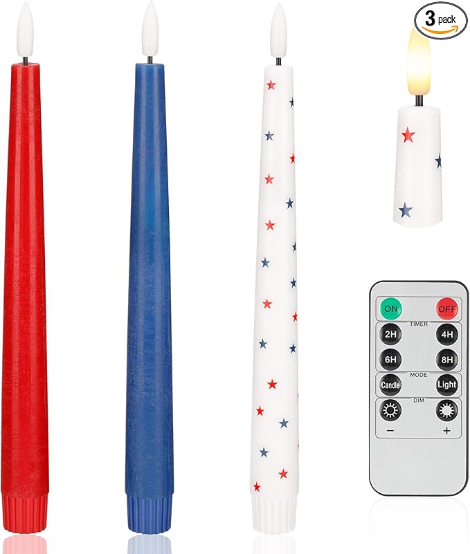 Red White and Blue Star Candles, Flameless Taper Candles with 3D Wick, Real Wax 4th of July Flameless Candles with Remote, 9.6" Battery Operated Patriotic Led Candlesticks, 3 Pack
