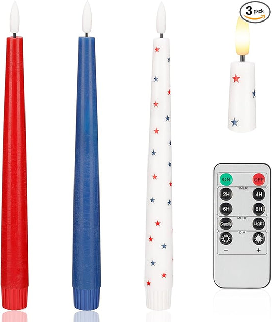 Red White and Blue Star Candles, Flameless Taper Candles with 3D Wick, Real Wax 4th of July Flameless Candles with Remote, 9.6" Battery Operated Patriotic Led Candlesticks, 3 Pack