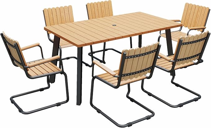 7 Piece Outdoor Conversation Set for 6, HDPE Patio Seating Set with Table and Chairs, All-Weather Outdoor Lounge Furniture with Umbrella Hole for Garden, Porch, Poolside, Gray & Teak