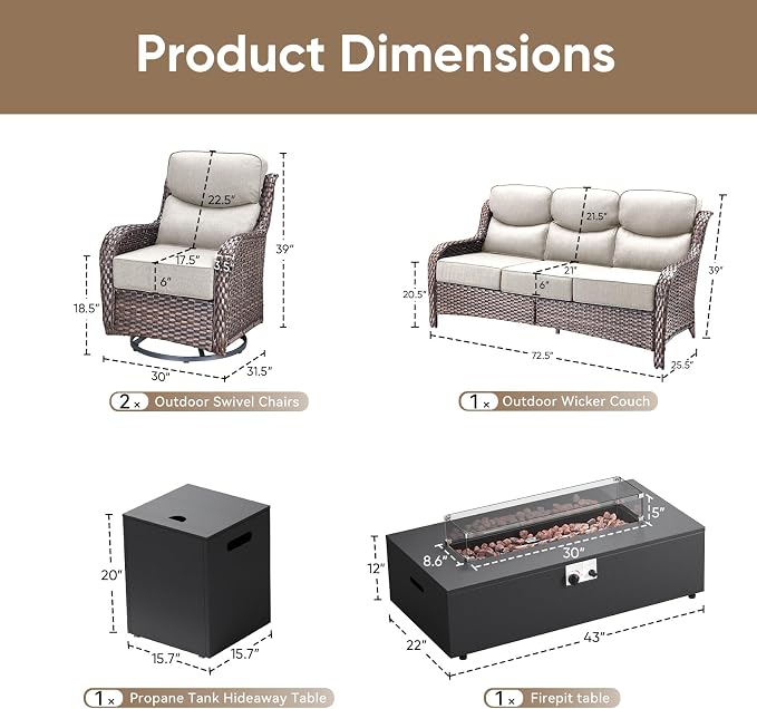 HUMMUH Luxury Patio Furniture Set 6-inch Thick Cushions High Back Swivel Rocker Chairs & 3 Seater-Couch & Steel Fire Pit Table 5 Pieces Outdoor Conversation Set for Porch,Deck,Backyard