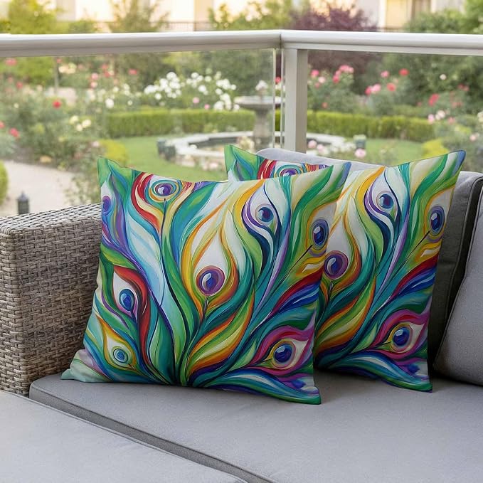 Outdoor Waterproof Pillow Covers 16x16Inch Peacock Feathers Colorful Gradient Throw Pillowcases for Patio Garden Couch Sofa Vibrant Abstract Art Decorative Cushin Case,Pack of 2