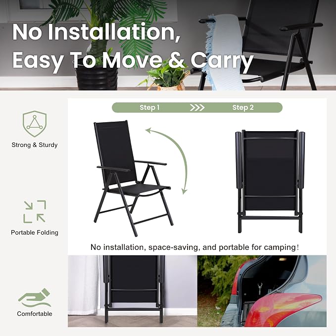 PHI VILLA Patio Dining Furniture Set with Umbrella, Outdoor Table and Chairs for 6 with Adjustable Foldable Black Chairs & Metal Table for Garden Deck (Beige Umbrella Without Base)