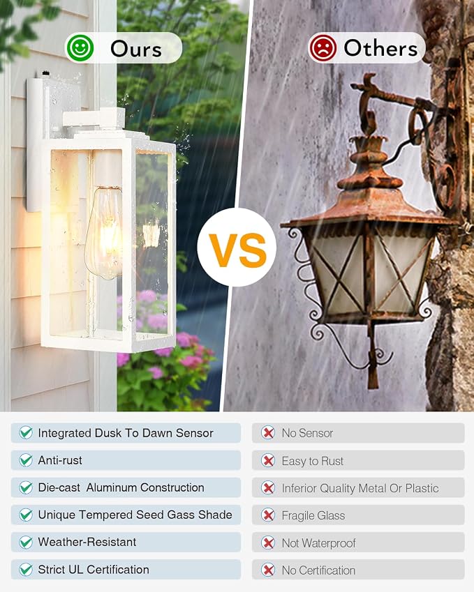 VIANIS Large Dawn to Dusk Outdoor Light Fixture, White Exterior Lighting Wall Mount Sconce, Modern Front Porch Lanterns Outside Lights for House, Anti-Rust Waterproof Coach Lights for Garage