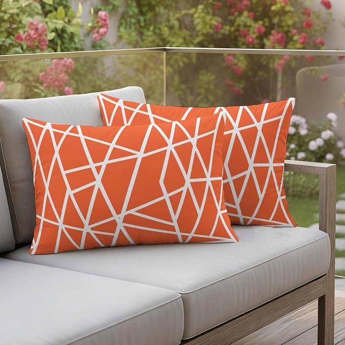 Outdoor Pillow Covers Waterproof, Orange Geometric Decorative Rectangle Throw Pillowcases Patio Cushion Covers for Tent/Garden, 20" x 12" 2 Pack, Abstract Stripes Modern Simple