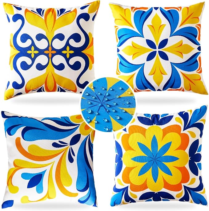 Blue and Orange Outdoor Floral Pillow Covers 18x18 Set of 4 Waterproof, Mediterranean Decor Accent Porch Throw Pillows 18 x 18, Fade Resistant Waterproof Outdoor Pillows for Patio Furniture