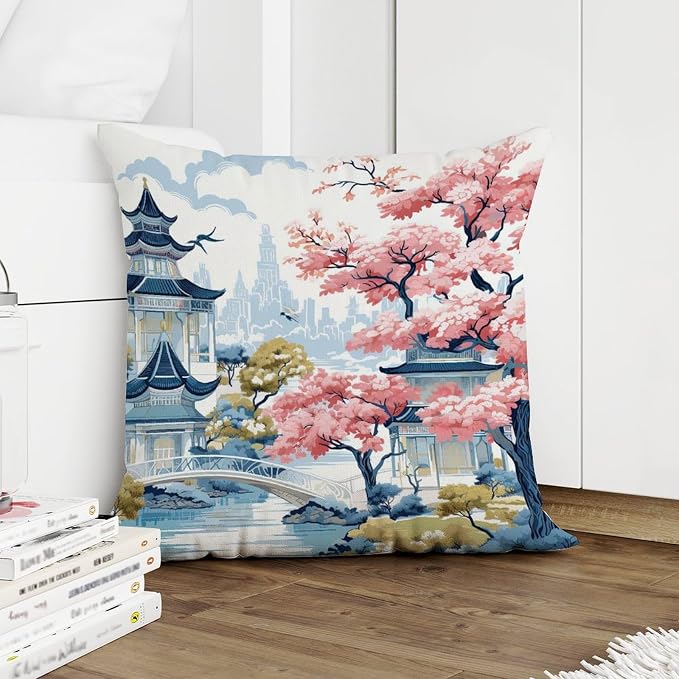 Chinoiserie Pagoda White Coral Blue Pillow Cover Chinoiserie Chic Asian Cushion Cases 26x26 INModern Accent Outdoor Garden Decoration for Patio Furniture Garden