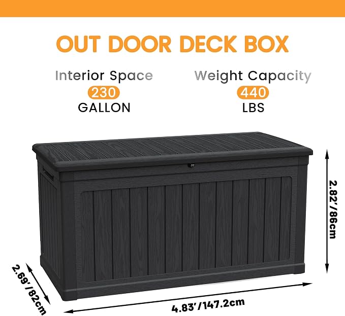 230 Gallon Large Outdoor Storage XXL Deck Box for Patio Furniture, Outdoor Cushions, Garden Tools and Sports,Pools Equipment, Waterproof Resin, Lockable, Black