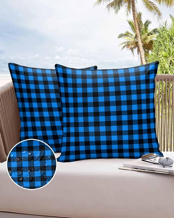 Outdoor Waterproof Throw Pillow Covers Set of 2 Buffalo Plaid Pillowcases 18x18 Inches Pastoral Blue Black Checked Decorative Pillows Cushion Case Patio Pillows for Couch Bed Chair Garden
