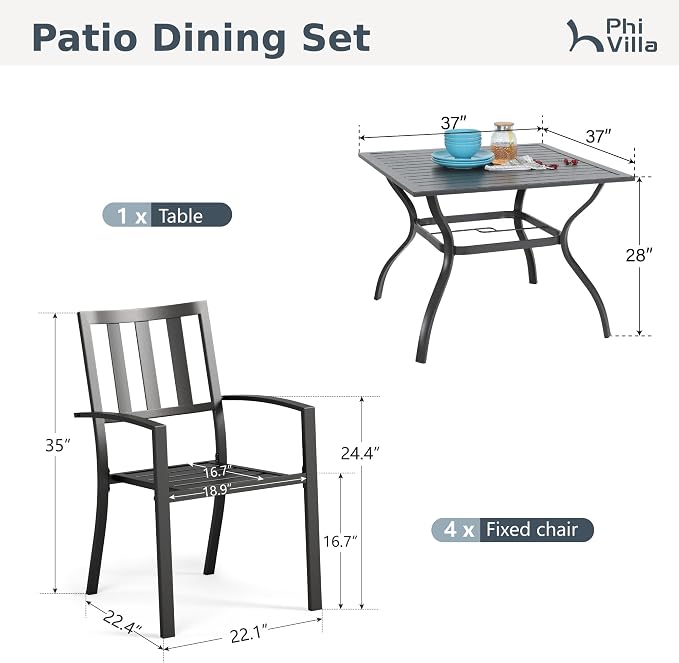 PHI VILLA 5pc Outdoor Table and Chairs,37" Square Table w/Umbrella Hole | Perfect for patio,deck,porch,backyard.Includes 1 black square metal table and 4 stackable wrought iron chairs