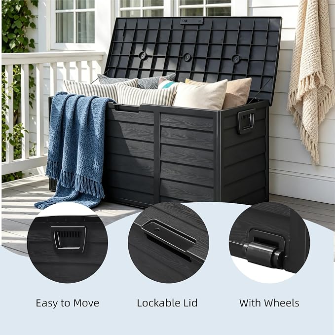 75 Gallon Waterproof Outdoor Deck Box with Wheels, Lockable Resin Patio Storage Container for Cushions, Garden Tools, Pool Accessories and Outdoor Supplies, Black