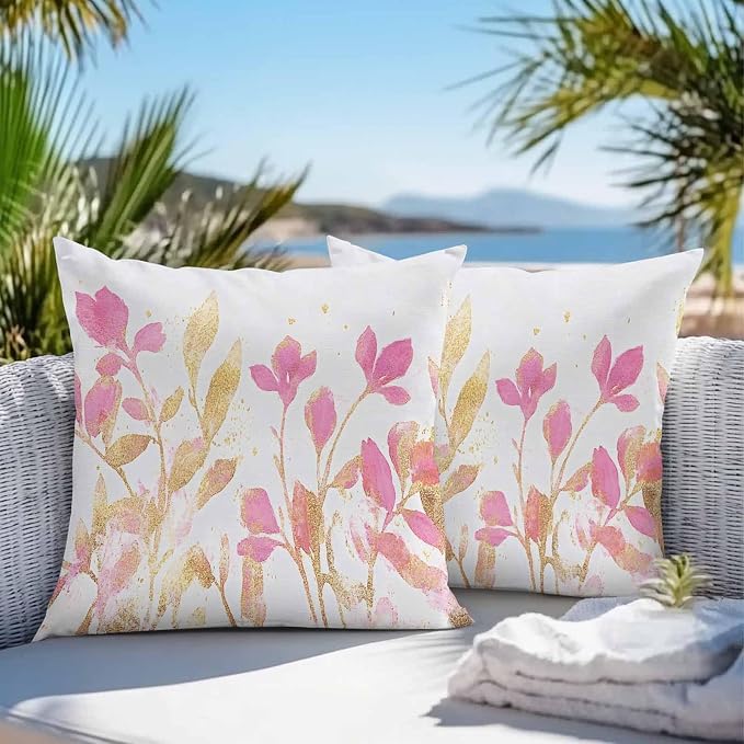 Vandarllin Outdoor Throw Pillows Covers 24x24 inch Set of 2 Waterproof Pink Yellow Flowers Decorative Zippered Cushion Covers for Patio Furniture, Wildflowers Lumbar Pillowcases
