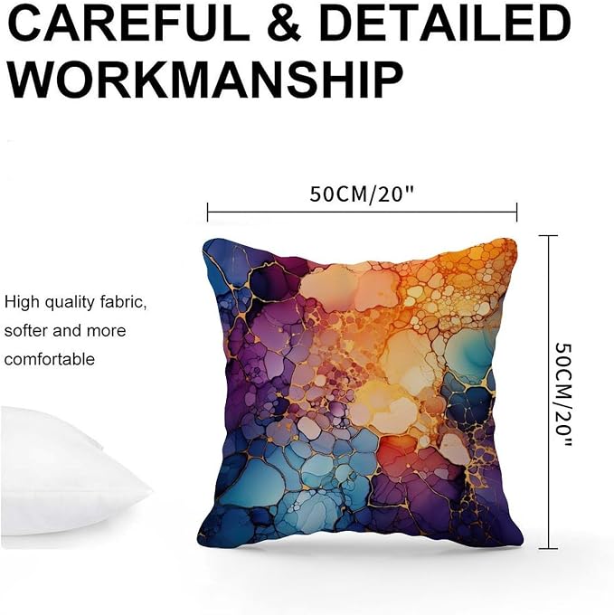 Pillow Cover Ink Rainbow Shapes with Gold Cushion Cover Retro Abstract Alcohol Ink Textures Pillow Cover Accent Throw Pillow Covers Farmhouse Decorative for Patio Couch Bench 20x20 in