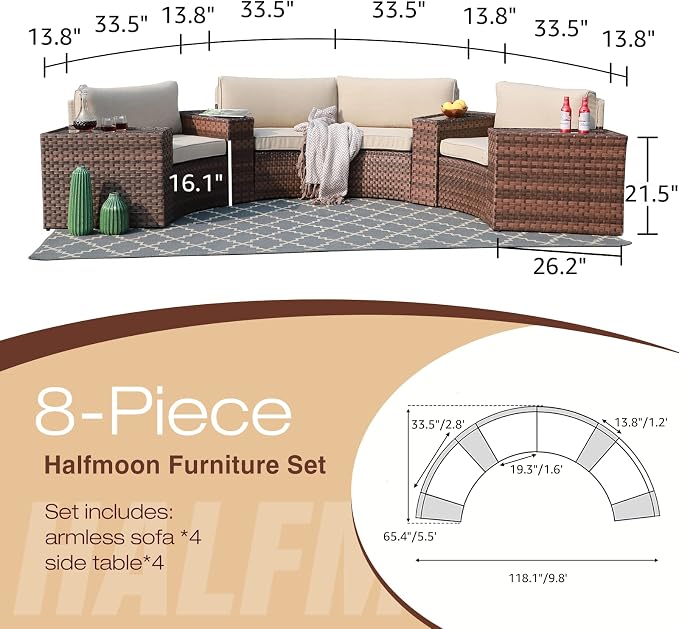 SUNSITT Outdoor Patio Furniture 8-Piece Half-Moon Curved Sofa Set Brown PE Wicker Sectional Conversation Set with Cushions(Beige)