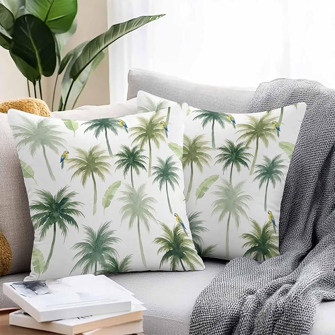 Yukro Summer Palm Tree Parrot Outdoor Waterproof Pillow Covers Pack of 2, Tropical Green Leaf Bird Throw Pillowcases Decorative Cushion Covers for Garden Patio Tent Sofa Couch, 26x26 inch