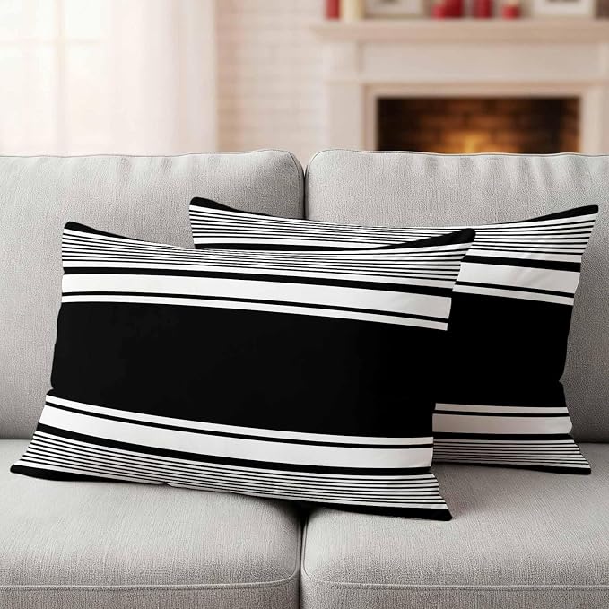 Outdoor Waterproof Throw Pillow Covers, Black Striped Decorative Pillow Cases, Modern Color Block Farmhouse Stripes Couch Pillow Protector Patio Sofa Cushion Covers Replacement 20"x12" 2 Pack