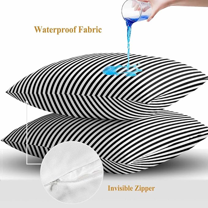 Throw Pillow Covers 24x24 Inch Set of 2, Black White Stripe Waterproof Outdoor Cushion Covers, Modern Minimalist Geometric Striped Decorative Pillowcases for Couch, Sofa, Bed, Garden, Patio