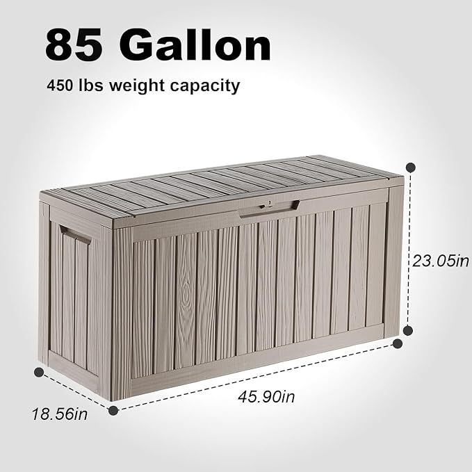 EasyUp 85 Gallon Outdoor Storage Box, Outdoor Deck Boxes for Garden Tools Equipment,Cushions and Patio Storage,Lockable and Resin,Easy to Install(Grey)