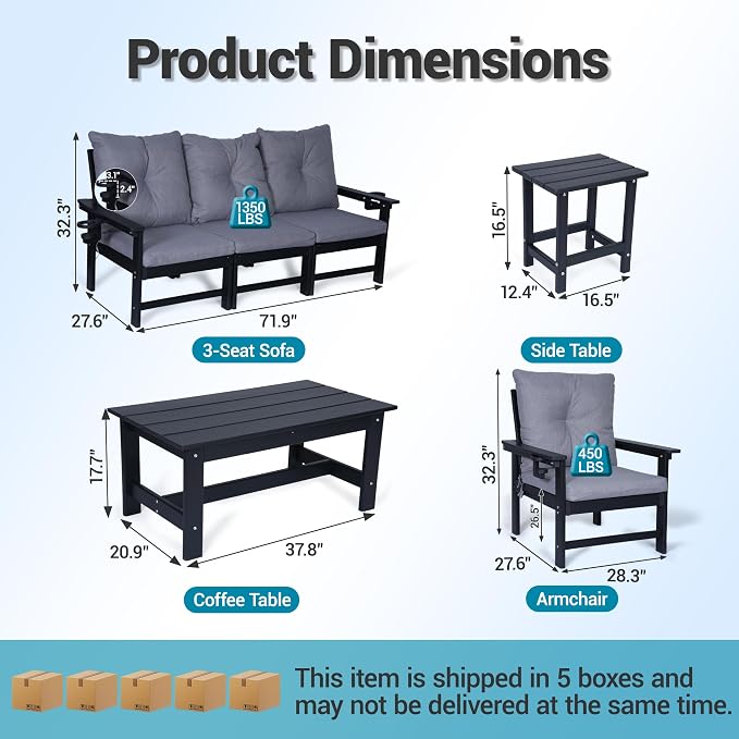 HDPE 7 Piece Patio Furniture Set, Outdoor Sectional Sofa with Coffee Table, Side Table and Seat Cusions, Patio Conversation Set for Party, Backyard, Porch, Deck, Poolside, Black & Grey