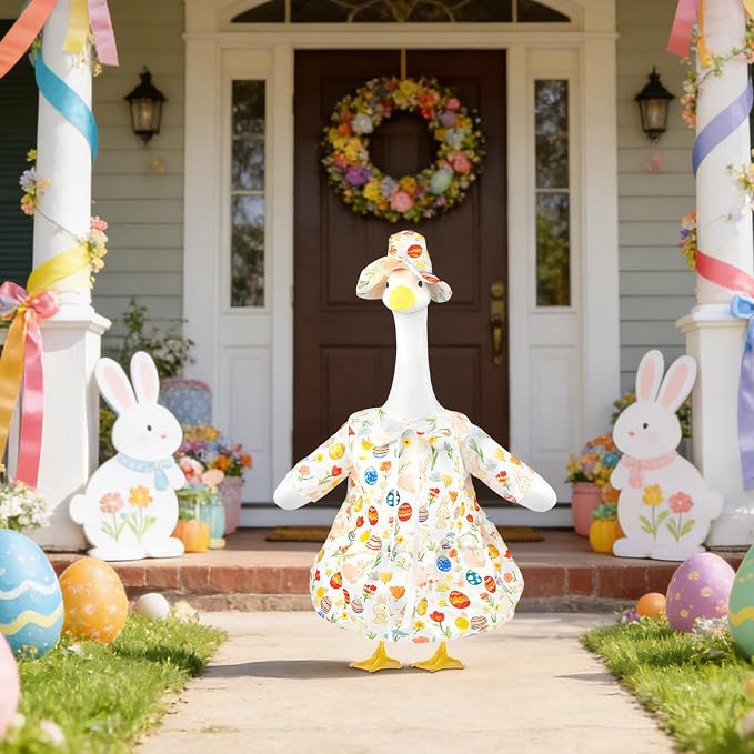 Easter Porch Goose Outfits, Bunny Goose Clothes Fits 17-23 In Statue | Spring Cute Goose Outfit Costume with Hat for Outdoor Garden Patio Yard Lawn Party Plastic Cement Decoration