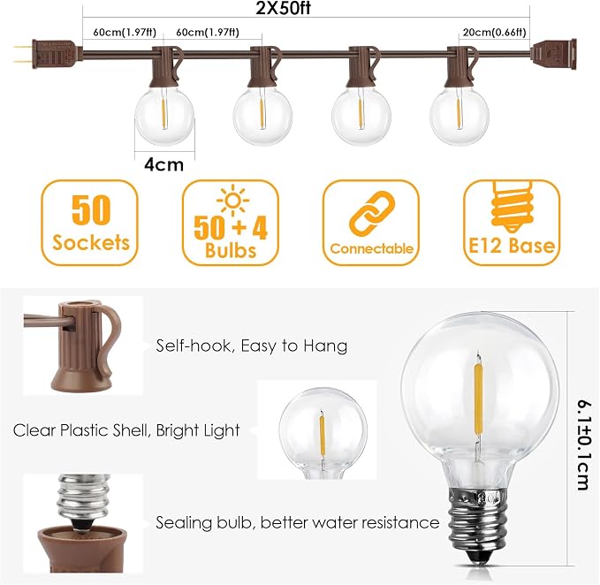 Mlambert 100Ft(2x50Ft) Outdoor String Lights, G40 Globe Patio Lights with 50+4 Waterproof LED Hanging Plastic Bulbs for Cafe Balcony Party-Brown Wire