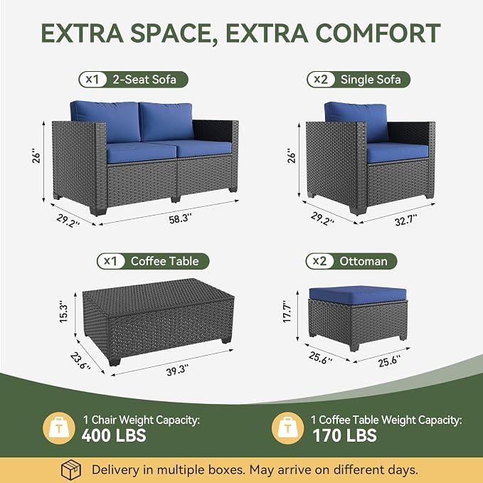 Aoxun 7 Piece Outdoor Patio Furniture Set 6 Seats, Outdoor Sectional with Thick Waterproof Cushions, Patio Conversation Sets for Garden,Backyard, Porch, Balcony, Deck, Black & Blue