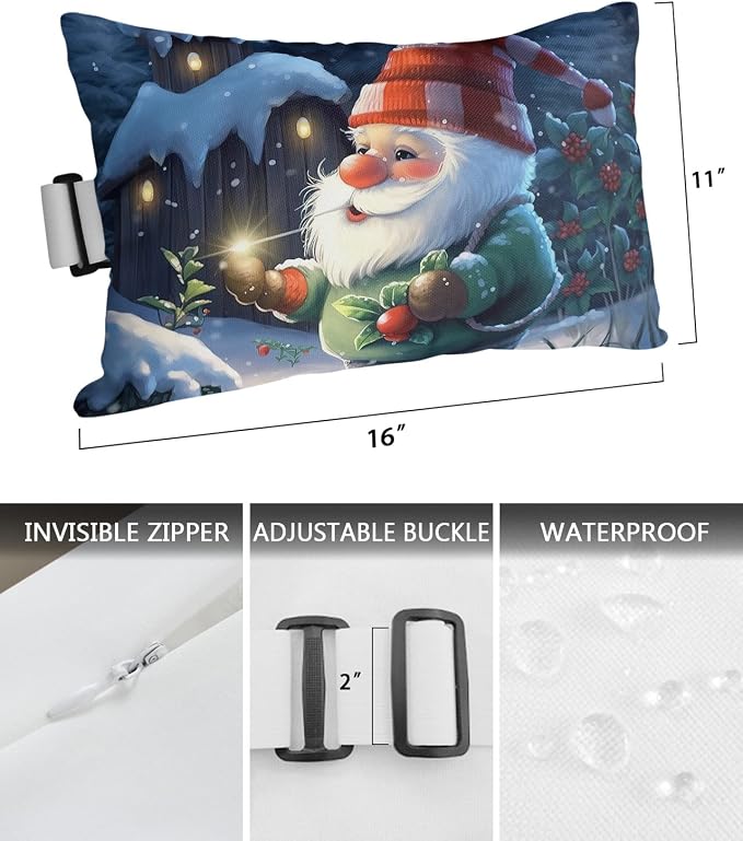 Outdoor Pillows Covers with Inserts Red Cap Gnome Snow House Forest Christmas Waterproof Recliner Pillow with Adjustable Strap Throw Pillows for Patio Furniture Pool Lounge Chair, 11x16 inch, 1PCS