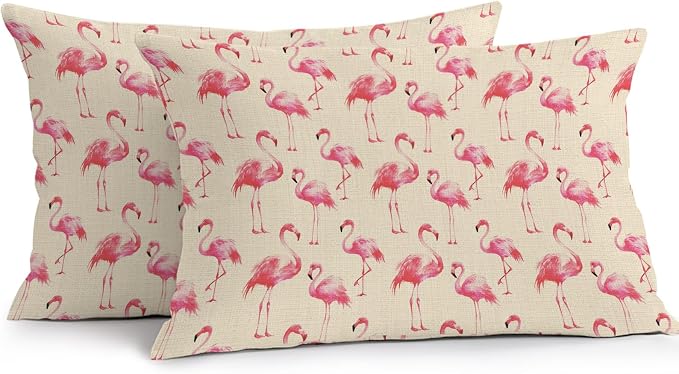 Pink Flamingo Outdoor Pillow Covers 20x12 Inch Lumbar Pillow Covers Set of 2 Waterproof Decorative Throw Pillow Cases Summer Animals Rustic Cushion Covers for Patio Furniture Garden Couch Sofa