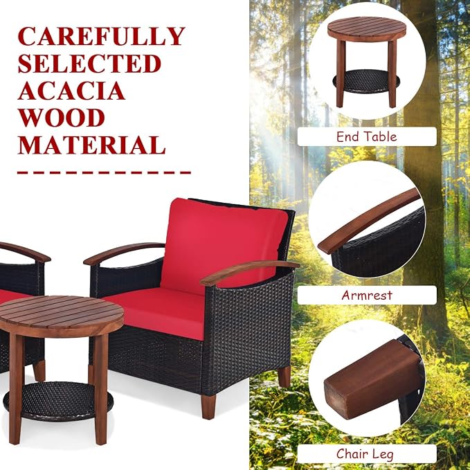 COSTWAY 3PCS Patio Rattan Furniture Set, Outdoor Solid Wood Frame Cushion Sofa with Round Table for Garden Porch Backyard Poolside (Red)