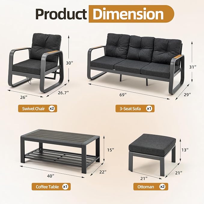 6 Pcs Aluminum Patio Furniture Set with Coffee Table Outdoor Conversation Sofa Set Include Adjustable 3-Seater Sofa, 2 Hydraulic Chair, 2 Ottoman for Balcony, Garden, Poolsid（Gray）