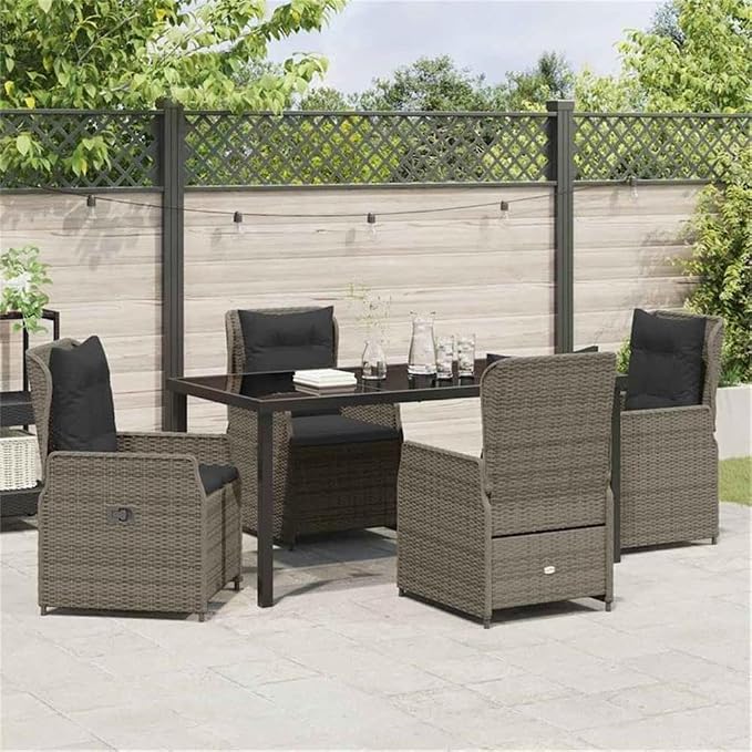 Afuera Living Contemporary 5 Piece Poly Rattan Garden Dining Set, Gray Finish, Tempered Glass Table, Adjustable Backrest Chairs, Weather-Resistant Patio Furniture for Outdoor Dining