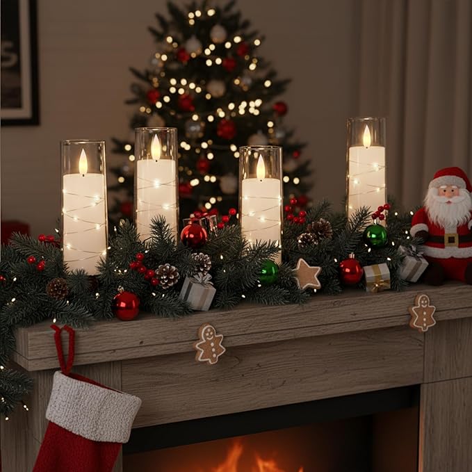 Raycare Flameless Candle with Remote Timer, 7 Flickering Acrylic Battery Operated LED Pillar Candles with Embedded Star String for Valentine's Day, Home Decor, and as a Gift(White)