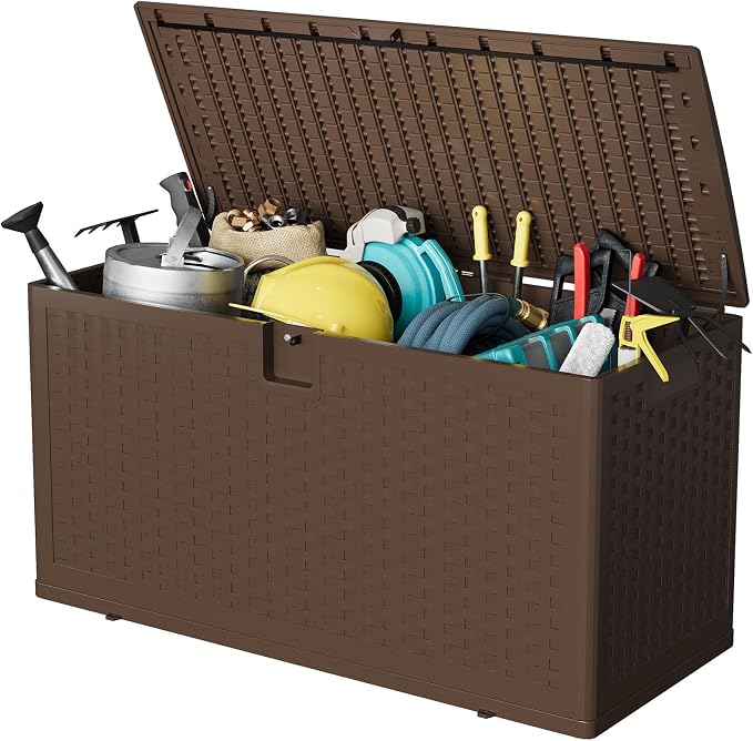 Jojoka Brown Resin Deck Box, Waterproof & Lockable Outdoor Storage Box, Patio Square Container for Package Delivery, Furniture Cushions, Garden Tools and Pool Accessories