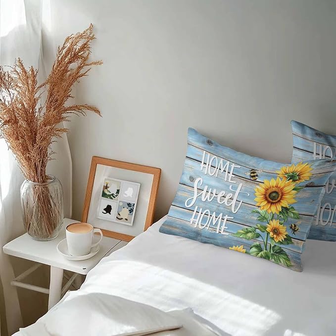 Lumbar Pillow Covers 20x12 Inch Set of 2, Spring Sunflower Waterproof Outdoor Pillow Covers, Bee Wooden Grain Country Rustic Decorative Cushion Pillowcases for Couch, Sofa, Bed, Garden, Patio