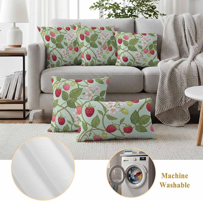 Raspberry Leaves Outdoor Pillow Covers 20"x12" Set of 2, Watercolor Red Pink Fruit Floral Mint Green Waterproof Throw Pillow Covers for Patio Furniture, Decorative Cushion Covers for Porch