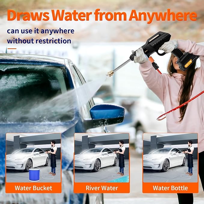 Cordless Pressure Washer Guns: 1000 PSI Portable Electric Washer for Vehicle, Driveway & Deck - Ergonomic Handle Design with 30min Runtime & 2 Nozzle Black