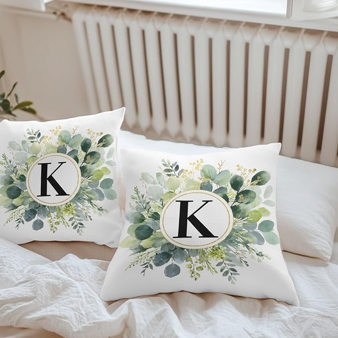 Letter K Waterproof Outdoor Pillow Covers Set of 2 Home Decor, Alphabet Green Eucalyptus Leaves Pillowcase Patio Pillow Covers for Couch Bench Patio Furniture Garden 18x18in