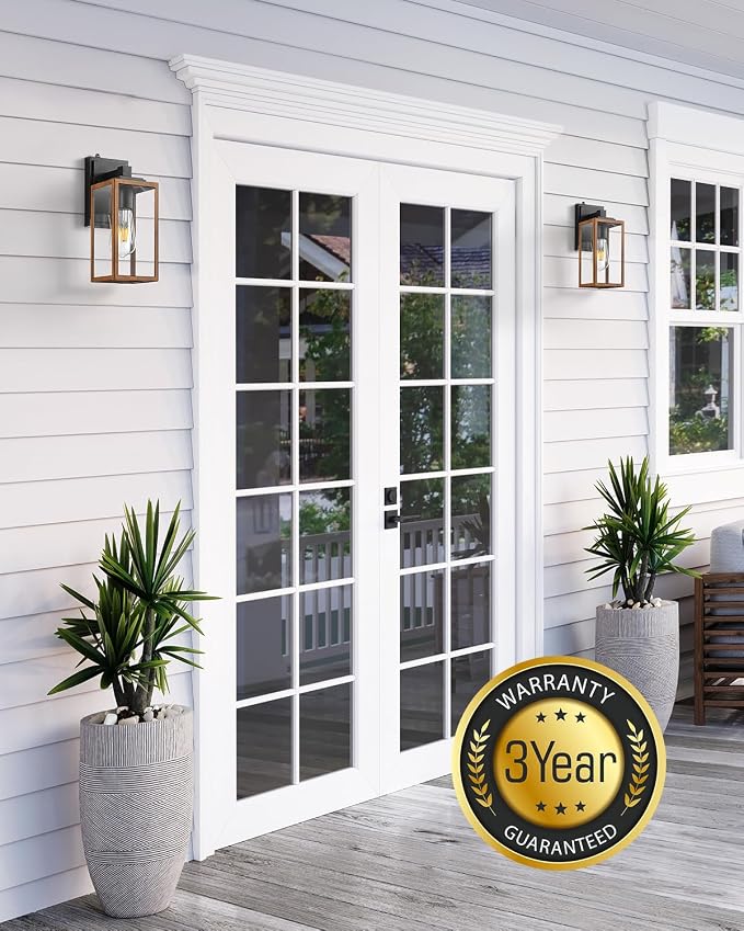 VIANIS Dusk to Dawn Wall Lights, Wood Grain Exterior Light Fixture, Clear Glass Garage Light, Modern Outdoor Lights Sconce with Waterproof, Anti-Rust, Weather Resistant for Patio, E26 Socket