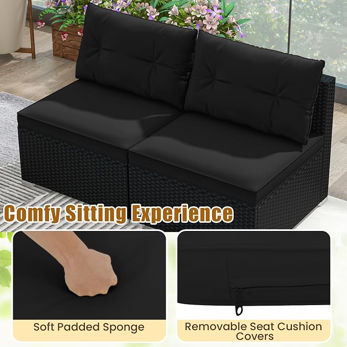 5 Pieces Patio Furniture Set, Outdoor Sectional Sofa with Acacia Wood Coffee Table & Cushions, Wicker Patio Conversation Set for Porch, Deck, Balcony, Poolside & Backyard (Black)