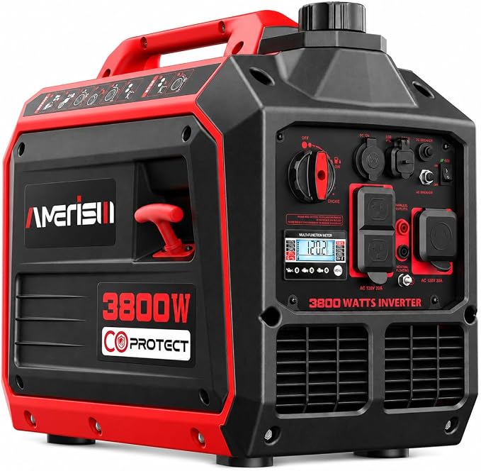 AMERISUN Portable Inverter Generator, 3800W Gas Powered Generator, Super Quiet for Home Use, ECO Mode, CO Sensor, Parallel Capable Long Run Time for Camping Tailgating, EPA Compliant