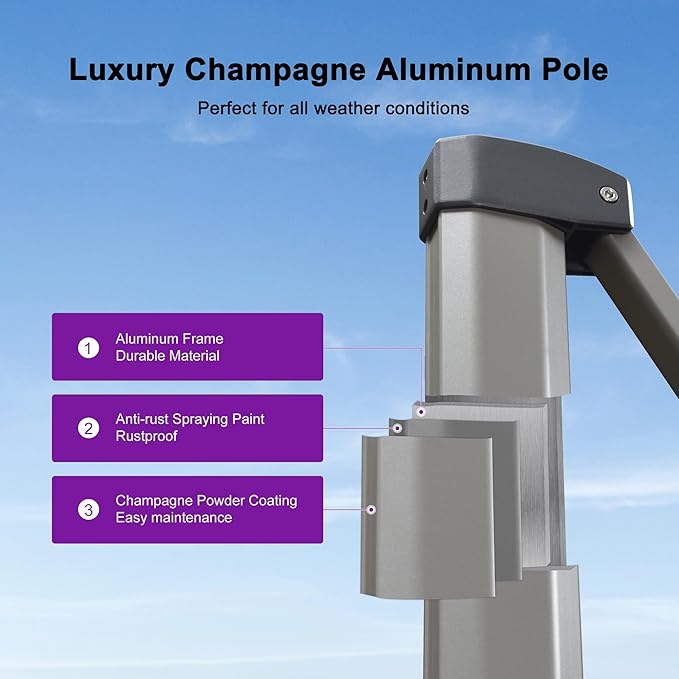 PURPLE LEAF 8’ X 8‘ Patio Umbrella Outdoor Cantilever Umbrella, Aluminum Offset Umbrella with Champagne Frame and 360° Rotation for Pool Deck Garden, Turquoise Blue