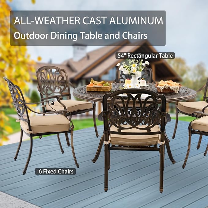 7-Pcs Cast Aluminum Patio Dining Set for 6, 54" Round Table,Bronze | Outdoor Furniture Set Include Dining Table and 6 Stackable Chairs with Cushions & Umbrella Hole