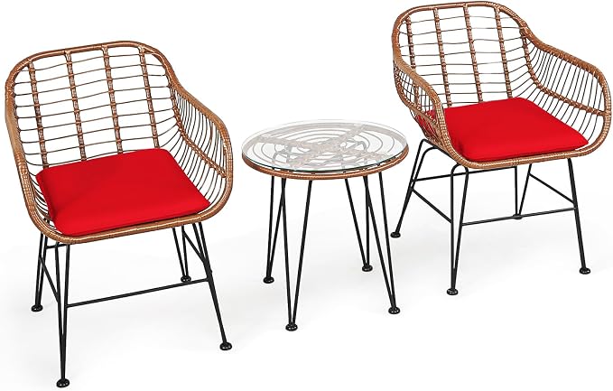 DORTALA 3 Piece Patio Bistro Set, Outdoor Wicker Furniture with Round Tempered Glass Top Table & 2 Rattan Armchairs, Cushions, Conversation Set for Porch, Backyard, Garden, Red