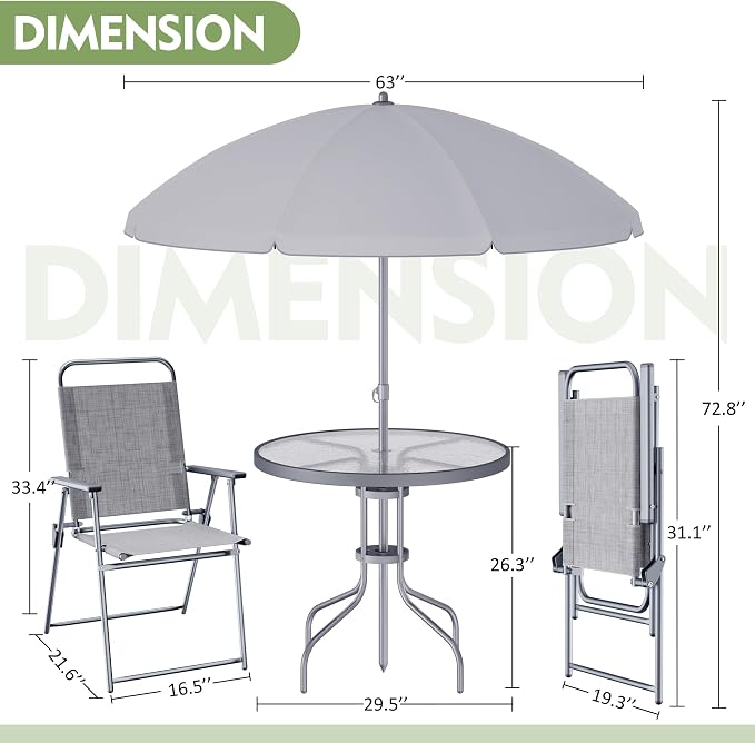 Shintenchi 6 Piece Outdoor Patio Furniture Set, Small Outdoor Patio Dining Table and Chairs Set, Outdoor Seating with Umbrella for Backyard, Balcony, Front Porch, Ice Silver